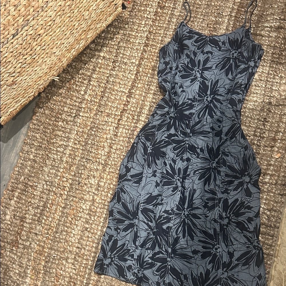 Penny Black Navy Floral 100% Linen Midi Dress Size 40
